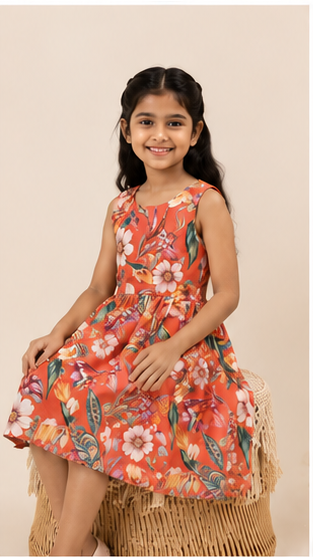 Girls Coral Floral Printed Sleeveless Dress – Soft Summer Kidswear