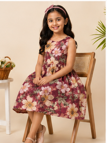 Girls Floral Fit & Flare Dress – Wine Maroon with Vintage Blossom Print