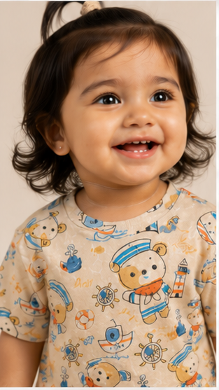 Cute Nautical Teddy Bear Kids Co-Ord Set – Sailor Theme Printed T-Shirt & Shorts for Girls