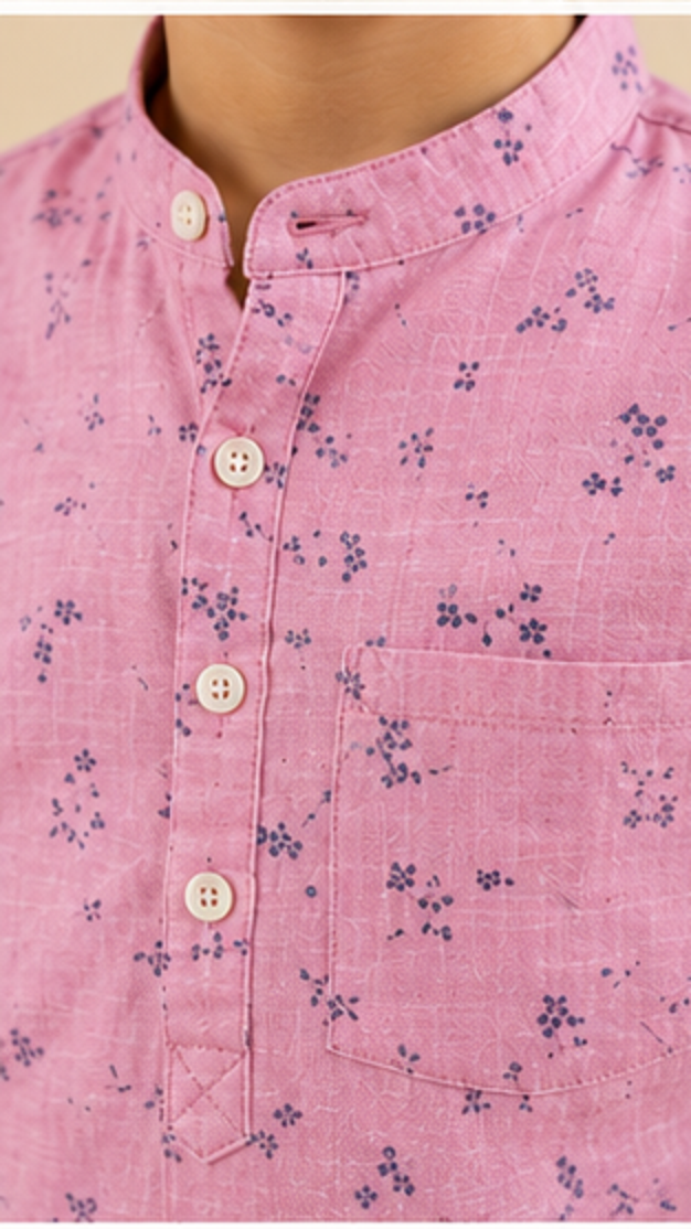 Boys Pink Floral Printed Mandarin Collar Cotton Shirt (Full Sleeve)