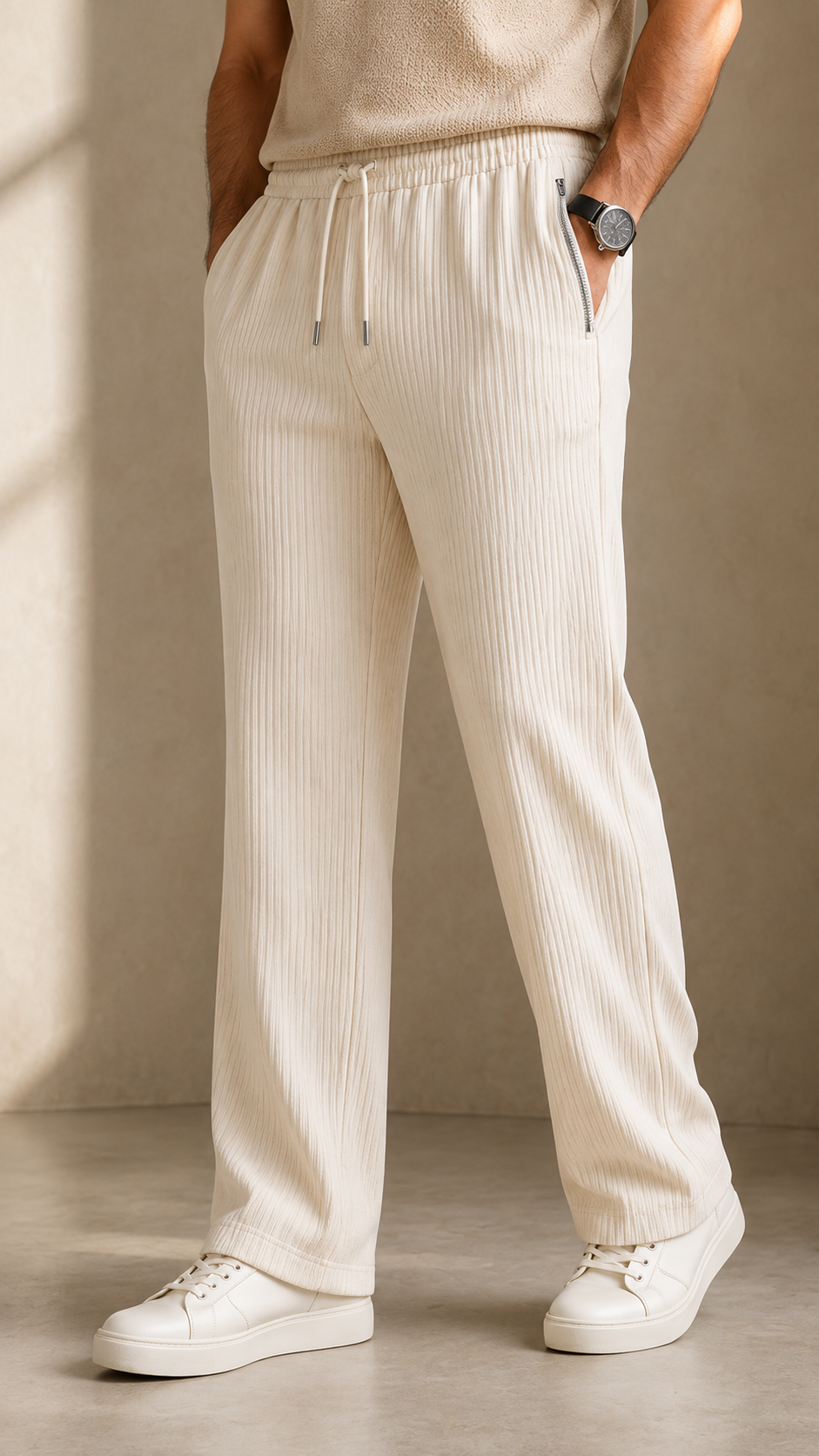 Light Cream Ribbed Track Pants for Men | Premium Textured Relaxed Fit Joggers with Zip Pockets