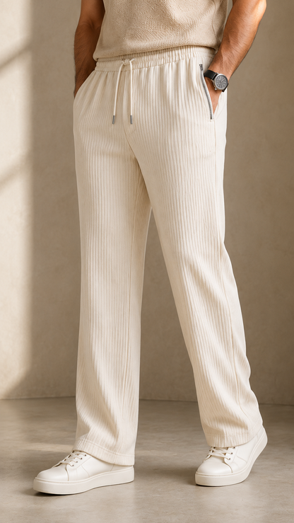 Light Cream Ribbed Track Pants for Men | Premium Textured Relaxed Fit Joggers with Zip Pockets