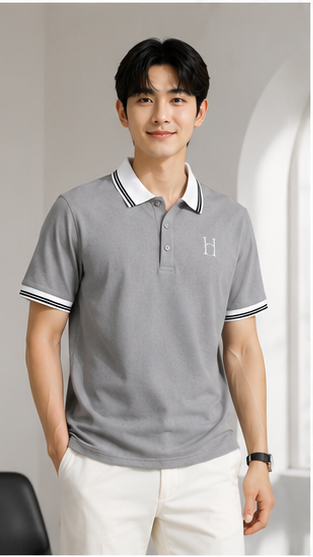 Men's Premium Light Grey Polo T-Shirt with White Contrast Collar | Classic Smart Casual Polo Tee