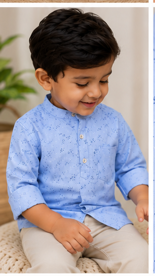 Boys Sky Blue Micro Print Cotton Short Kurta Shirt – Elegant Casual Kidswear