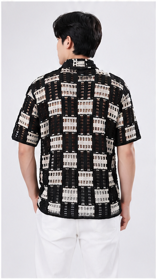 Men's Black & White Geometric Crochet Knit Shirt – Premium Handmade Resort Wear Shirt
