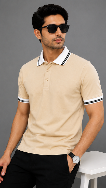 Men’s Premium Beige Polo T-Shirt with White Contrast Collar & Sleeve Stripes
