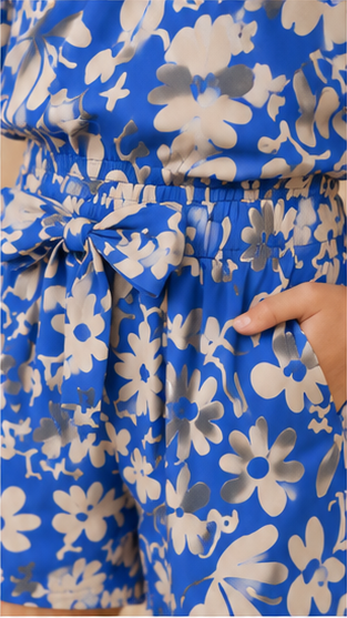 Girls Blue Floral Off-Shoulder Co-Ord Set – Summer Printed Top & Shorts