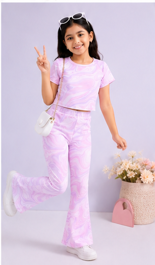 Girls Pastel Marble Co-Ord Set | Kids Crop Top & Flared Pants Outfit | Stylish Casual Wear for Girls