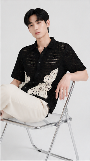 Men's Black Crochet Abstract Floral Shirt – Premium Handmade Open Knit Resort Wear Shirt