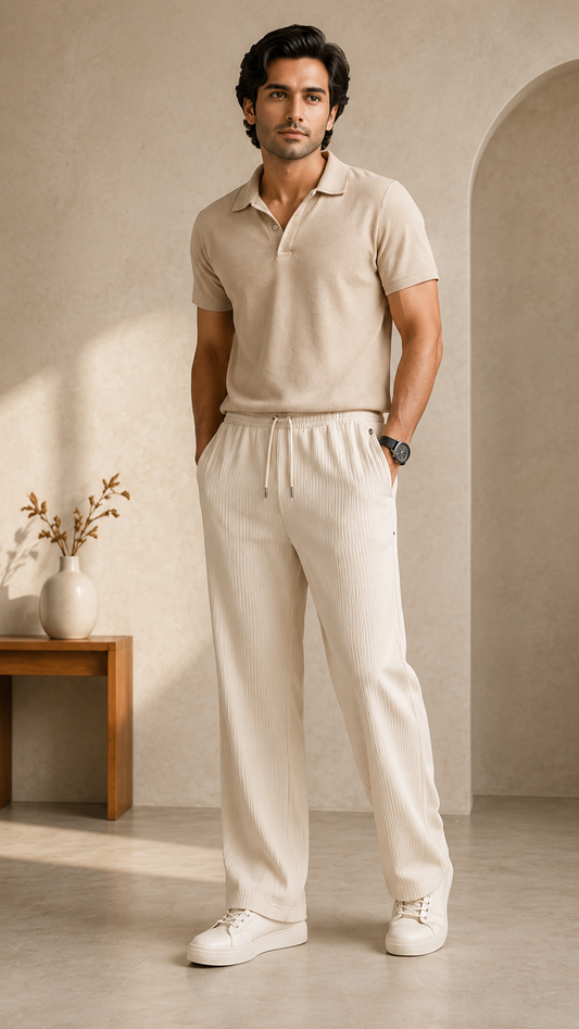 Light Cream Ribbed Track Pants for Men | Premium Textured Relaxed Fit Joggers with Zip Pockets