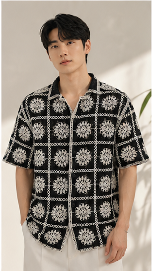 Men's Black & White Crochet Floral Grid Shirt – Premium Handmade Knit Resort Wear Shirt