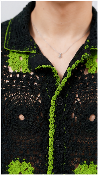 Men's Black & Olive Green Crochet Granny Square Shirt – Premium Handmade Resort Wear Knit Shirt