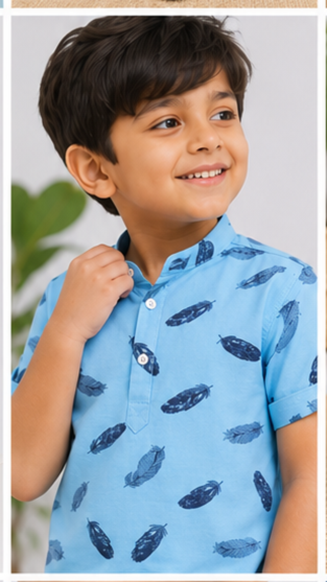 Boys Sky Blue Feather Print Mandarin Collar Shirt (Full Sleeve)