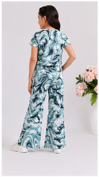 Girls Blue Marble Co-Ord Set | Kids Crop Top & Bell Bottom Pants Outfit | Trendy Western Wear for Girls