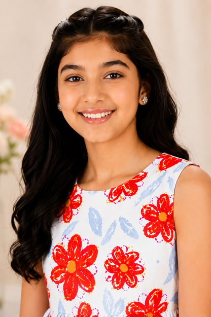 Girls Orange Floral Print Sleeveless Dress – Stylish Cotton Summer Frock for Kids