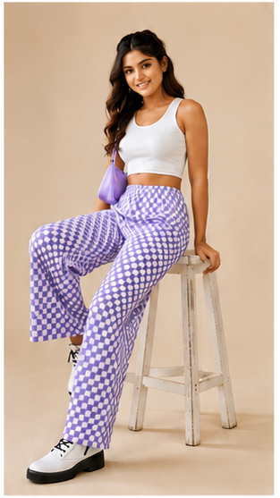 Women Lavender Checkered Wide Leg Pants – Trendy Casual Lounge & Streetwear Trousers