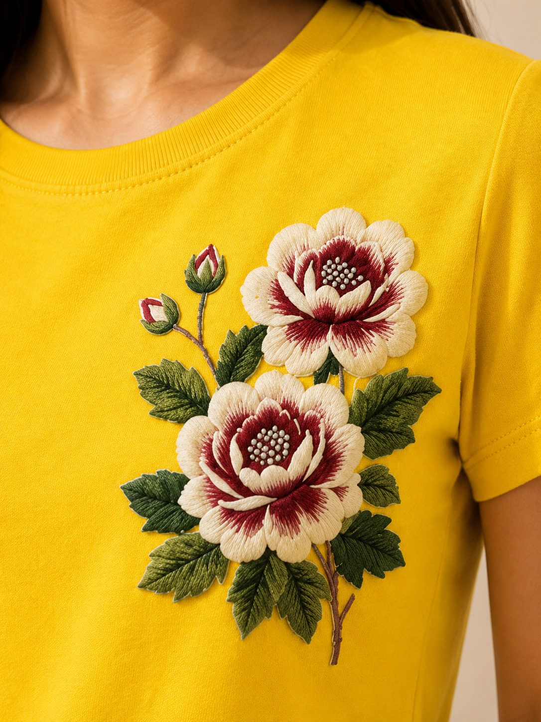 Women’s Sunshine Yellow Floral Embroidered Co-Ord Set – Casual T-Shirt & Shorts Lounge Wear