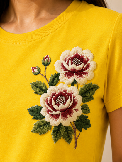 Women’s Sunshine Yellow Floral Embroidered Co-Ord Set – Casual T-Shirt & Shorts Lounge Wear