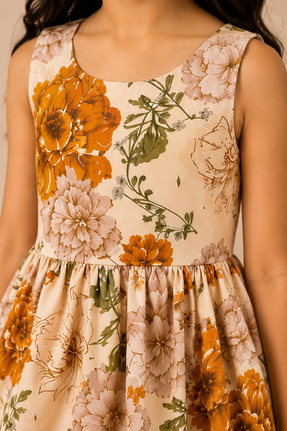 Girls Beige Floral Print Fit & Flare Dress (Sleeveless)