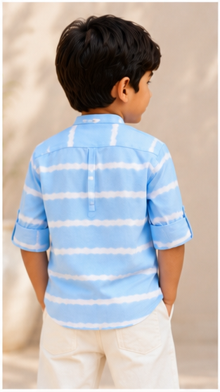 Boys Sky Blue Tie-Dye Striped Mandarin Collar Shirt (Full Sleeve)