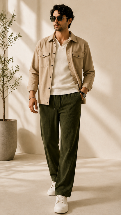 Olive Green Ribbed Track Pants for Men | Premium Relaxed Fit Textured Joggers with Zip Pockets