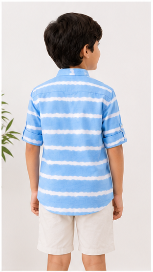 Boys Sky Blue Tie-Dye Striped Mandarin Collar Shirt (Full Sleeve)