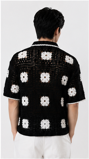 Men's Black Crochet Granny Square Knit Shirt – Handmade Premium Resort Wear Shirt