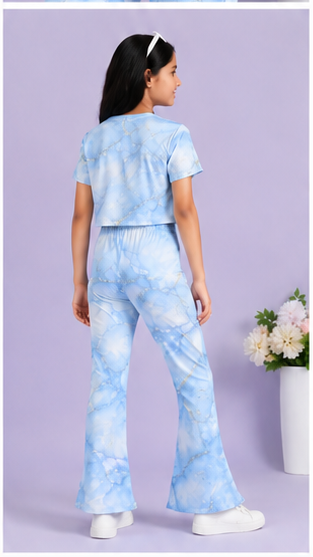 Girls Sky Blue Marble Co-Ord Set | Kids Crop Top & Bell Bottom Pants Outfit | Trendy Western Wear for Girls