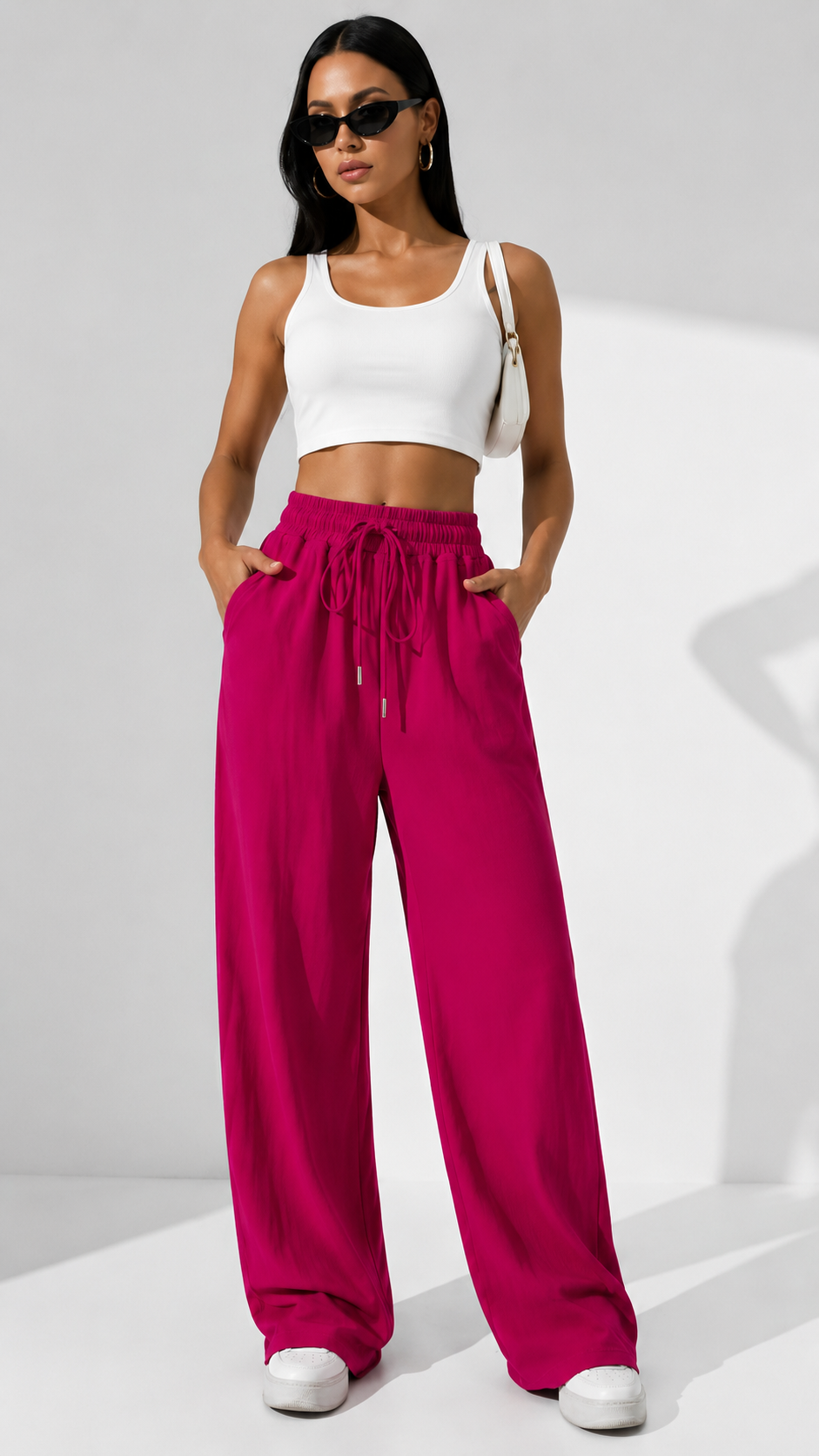Fuchsia Pink Wide Leg Palazzo Pants for Women | Drawstring Elastic Waist Lounge Trousers