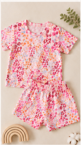 Abstract Animal Print Kids Co-Ord Set – Multicolor Leopard Style T-Shirt & Shorts for Girls