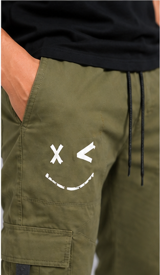Olive Green Printed Cargo Joggers for Men – Slim Fit Multi-Pocket Casual Streetwear Pants