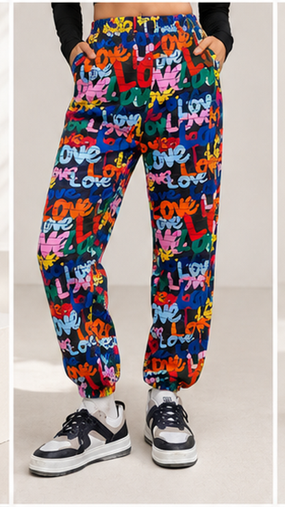 Women Multicolor Graffiti Printed Joggers – Trendy Casual Streetwear & Lounge Pants