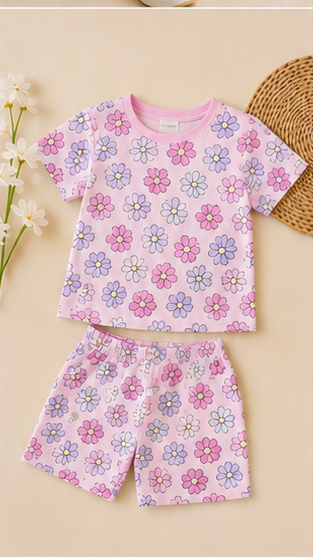 Pastel Floral Kids Co-Ord Set – Cute Daisy Print Cotton T-Shirt & Shorts Set