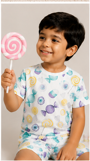Kids Candy Print Co-ord Set | Cute Lollipop & Sweet Treat T-Shirt & Shorts Summer Outfit for Boys & Girls