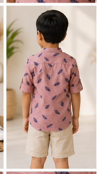 Boys Peach Feather Print Mandarin Collar Shirt (Full Sleeve)