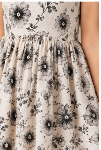 Girls Black & White Floral Print Fit & Flare Dress (Sleeveless)