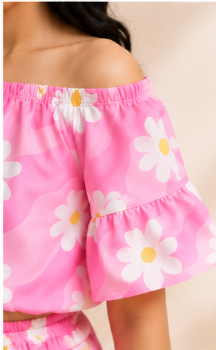 Girls Pink Daisy Floral Off-Shoulder Co-ord Set with Tie-Up Shorts
