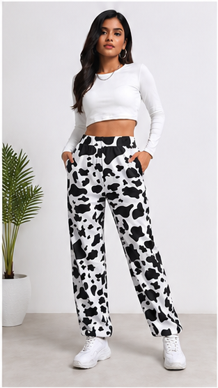 Women Black White Cow Print Pants – Stylish Wide Leg Casual Streetwear Trousers