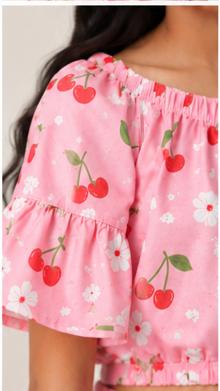 Girls Pink Cherry Print Off-Shoulder Co-ord Set with Tie-Up Shorts