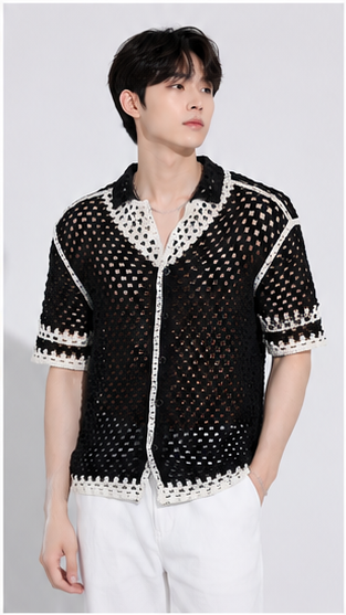 Men's Black Open Mesh Crochet Shirt – Premium Handmade Resort Wear Knit Shirt