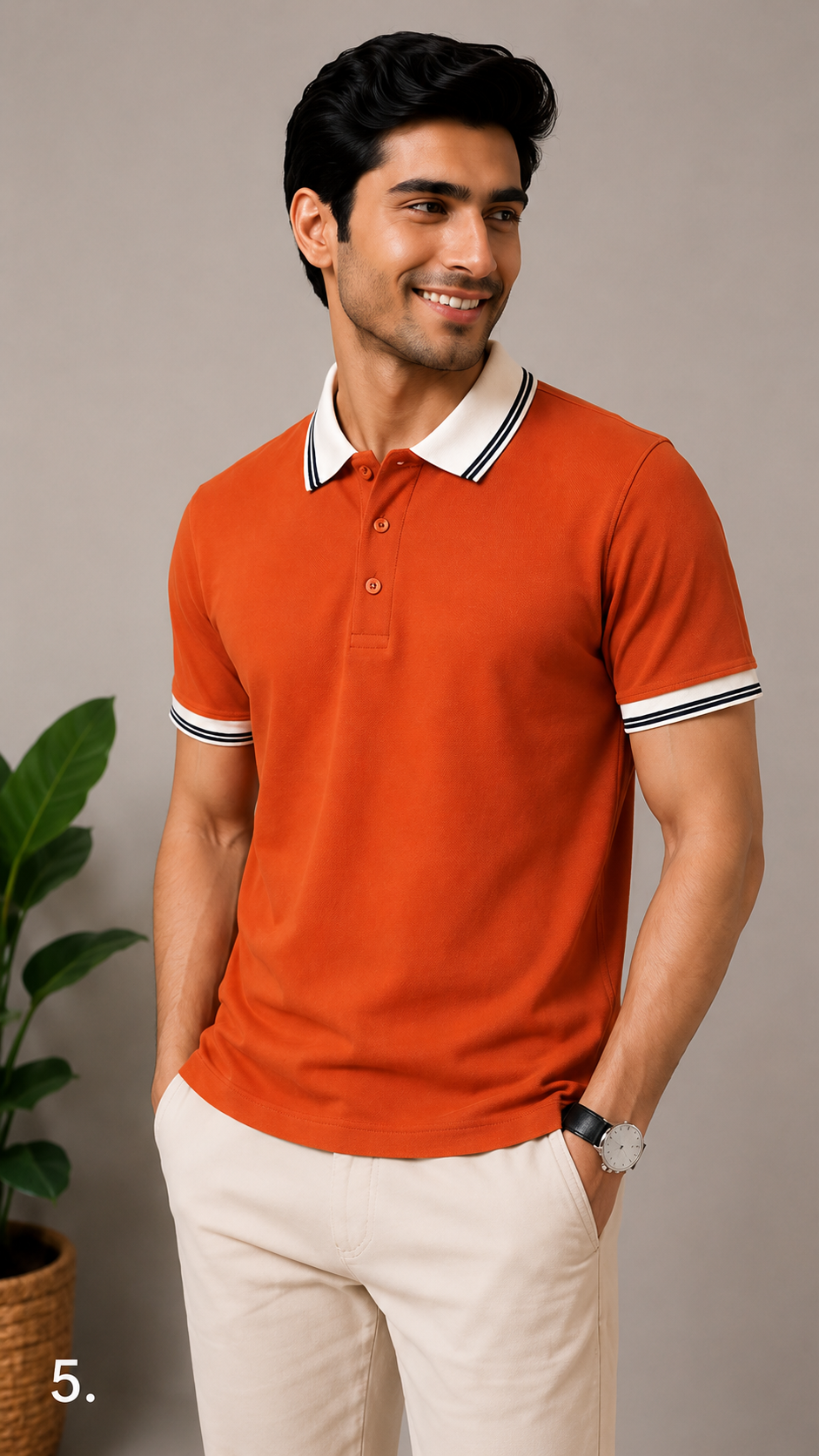 Men’s Premium Rust Orange Polo T-Shirt with White Contrast Collar & Sleeve Stripes