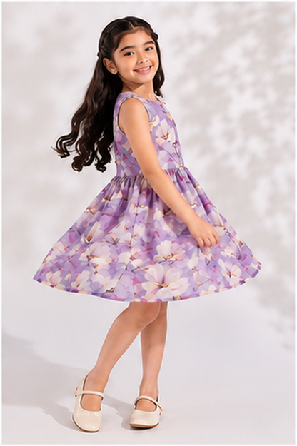 Girls Lavender Floral Print Fit & Flare Dress (Sleeveless)