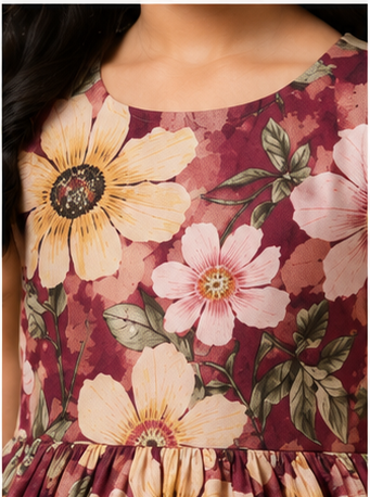 Girls Floral Fit & Flare Dress – Wine Maroon with Vintage Blossom Print