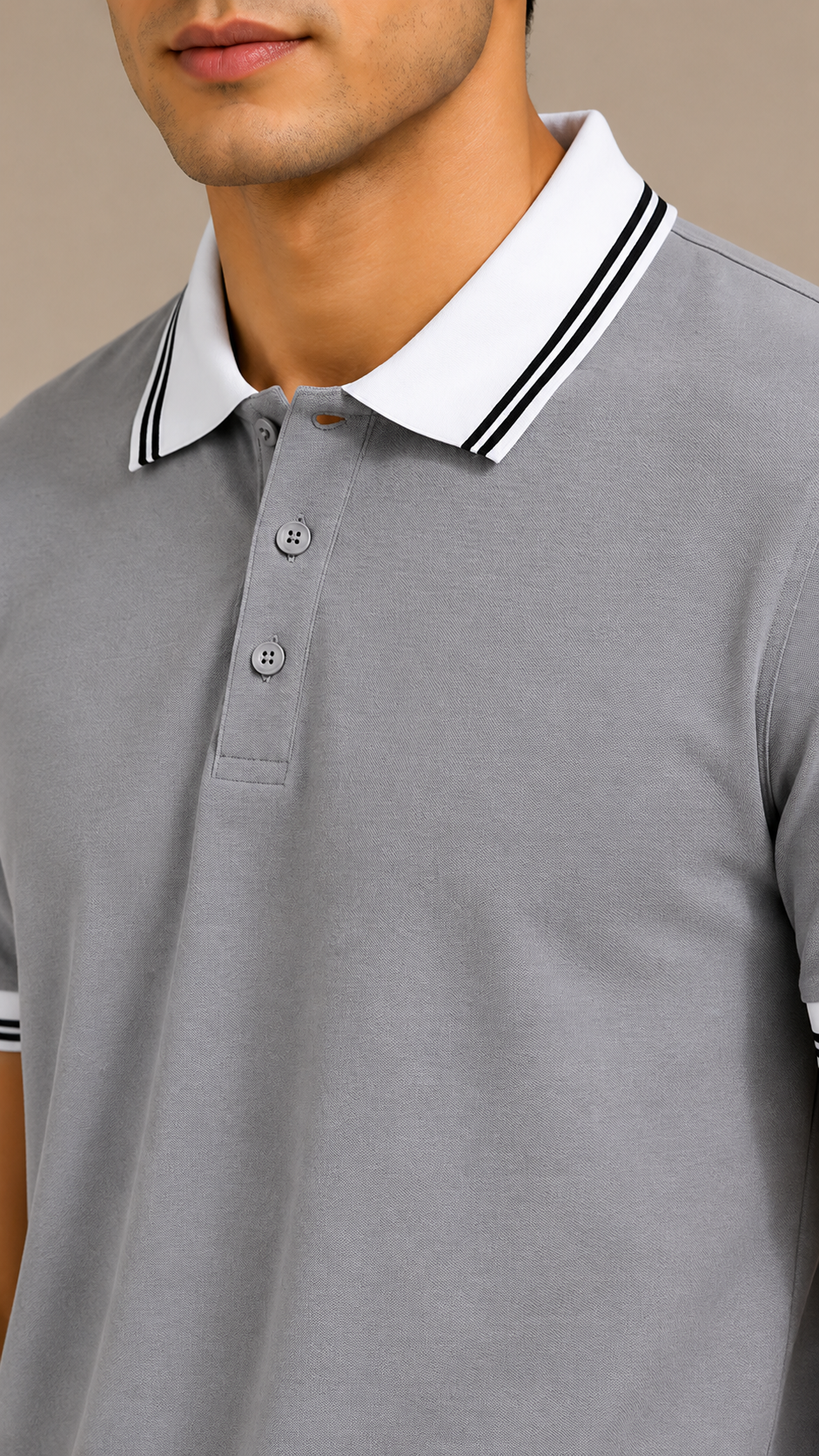 Men’s Premium Light Grey Polo T-Shirt with White Contrast Collar & Sleeve Stripes
