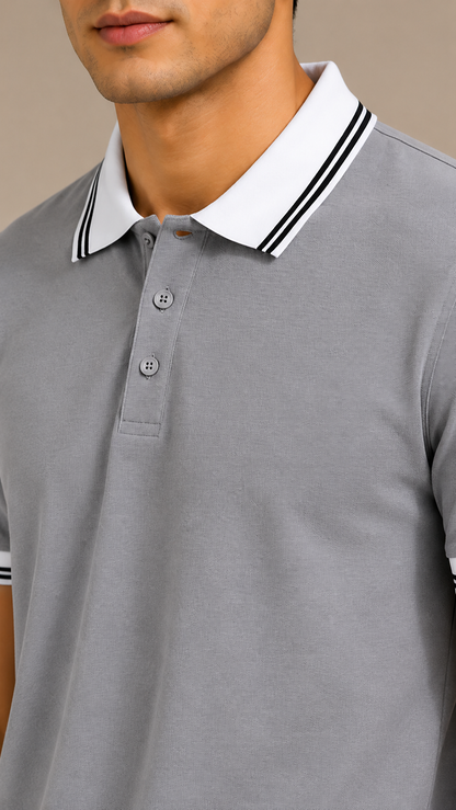 Men’s Premium Light Grey Polo T-Shirt with White Contrast Collar & Sleeve Stripes
