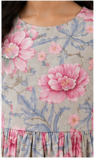 Girls Floral Fit & Flare Dress – Grey Base with Pink Blossom Print
