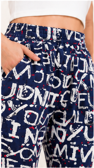 Women Navy Blue Printed Joggers – Stylish Slim Fit Casual Lounge & Streetwear Pants