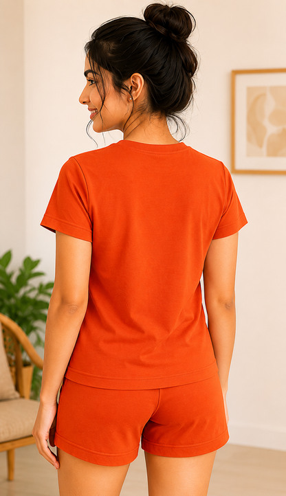 Women’s Burnt Orange Floral Embroidered Co-Ord Set – Casual T-Shirt & Shorts Lounge Wear
