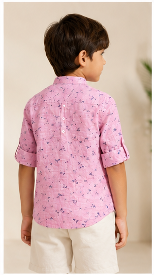 Boys Pink Floral Printed Mandarin Collar Cotton Shirt (Full Sleeve)