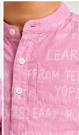 Boys Pink Typography Print Mandarin Collar Shirt (Full Sleeve)